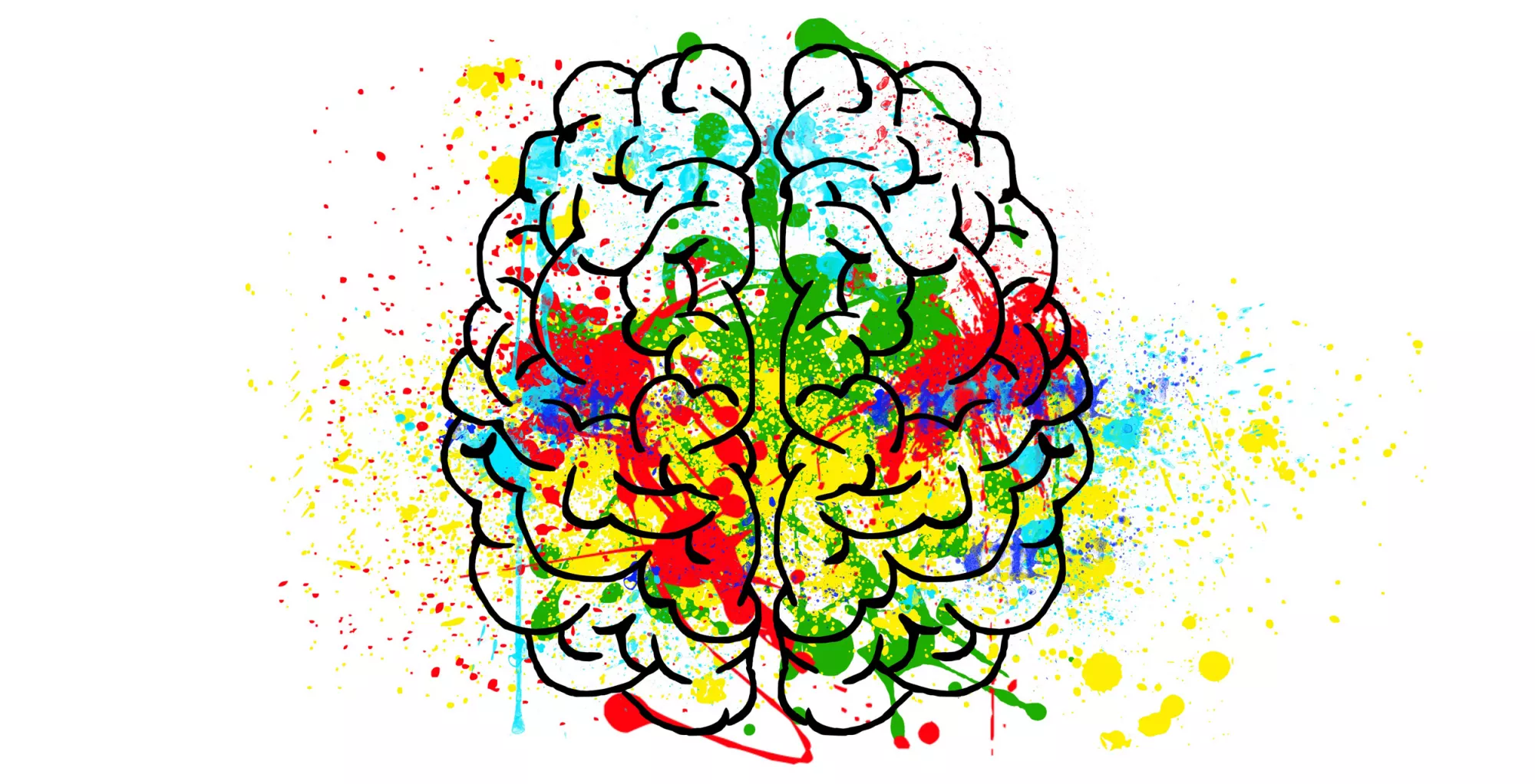 Gezeichnetes Gehirn mit farbigen Farbkleckse.