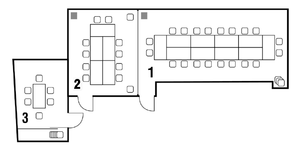 Grundrissplan von drei Sitzungszimmern.