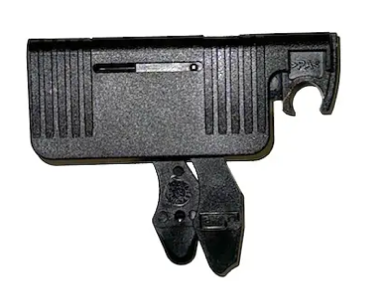 Schwarzes Schubladenscharnier zum gedämpften Verschliessen der Schublade von USM Schränken.