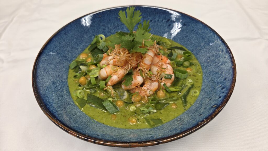 Gebratene Krevetten (VN-Bio) mit grünem Kichererbsencurry
(glutenfrei, laktosefrei)